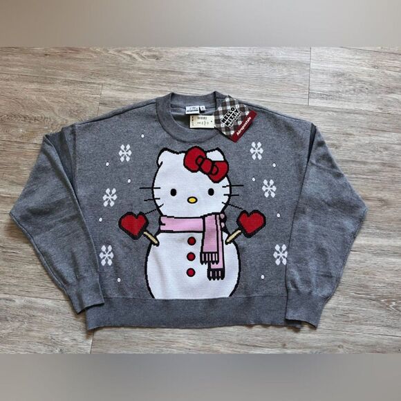 Women's Hello Kitty Snowman & Snowflakes Sweater Knit Cotton Winter Gray - Picture 2 of 10